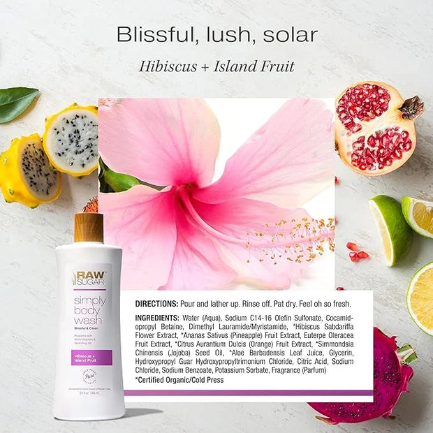 RAW SUGAR Simply Body Wash - Hibiscus + Island Fruit (25 Fl Oz, Pack of 1) Moisturizing & Soothing Bath & Shower Gel, Form...