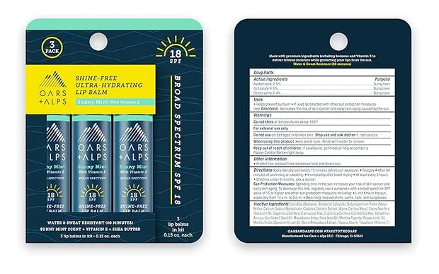 Oars + Alps Lip Suncreen, SPF 18 Lip Balm, Shine Free Sunscreen for Lips, Infused with Vitamin E, Peppermint & Spearmint, ...