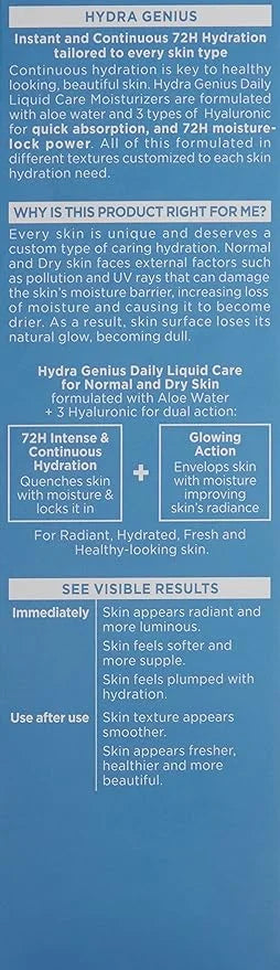 L’Oreal Paris Skincare Hydra Genius Daily Liquid Care Oil-Free Face Moisturizer for Normal to Dry Skin, Hyaluronic Acid Mo...