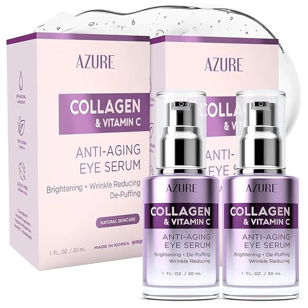 AZURE Collagen & Vitamin C Anti Aging Eye Serum - Toning, De-Puffing Serum - Reduces Wrinkles, Fine Lines & Dark Circles -...