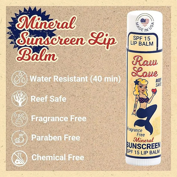 Raw Love SPF 15 Mineral Sunscreen Lip Balm | Reef Safe, Hawaii 104 Reef Act Compliant, Fragrance-Free | Broad Spectrum Nat...