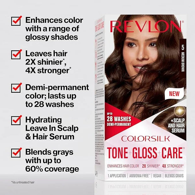 Revlon ColorSilk Tone + Gloss + Care Demi Permanent Hair Color, Dye Kit with Leave-In Scalp and Haircare Serum, 2x Shinier...