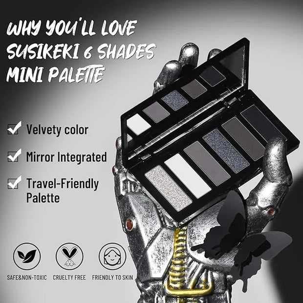 Black Eyeshadow Palette with Mirror Silver Gray Black Tones Matte Shimmer Smokey 6 Colors Mini Eye Shadow Pallet Travel Si...