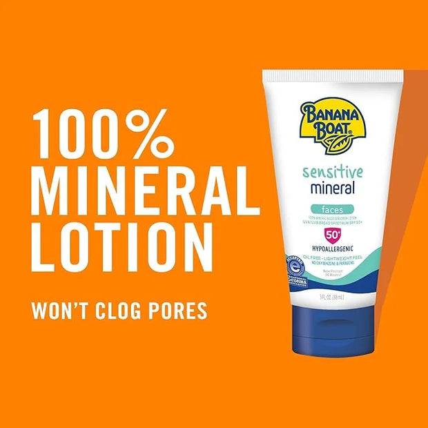 Banana Boat Sensitive 100% Mineral Face Sunscreen Lotion SPF 50, 3oz | Travel Size Sunscreen, Mini Sunscreen for Face, Ban...