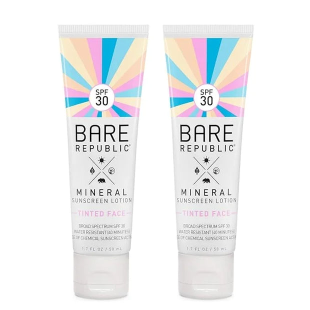 Bare Republic Tinted Mineral Sunscreen SPF 30 Sunblock Face Lotion, Sheer and Non-Greasy Finish, 1.7 Fl Oz, 2 Pack