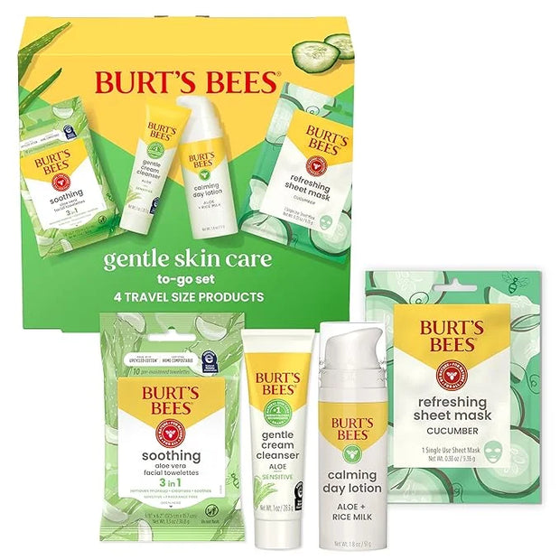 Burt's Bees Gentle Skin Care To-Go Set, Includes Cleanser, Towelettes, Lotion and Sheet Mask, Travel Size Facial Skin Care...