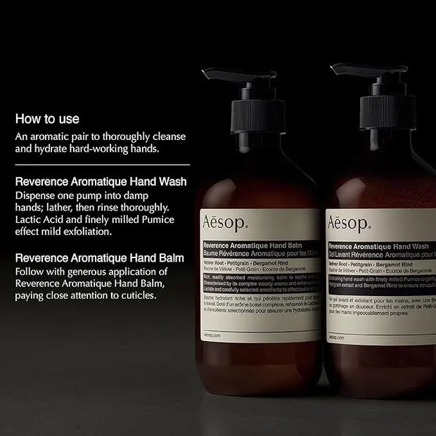 Aesop Reverence Aromatique Duet | Skin Softening Hand Wash & Hand Balm | Woody, Earthy, Smoky | Vetiver Root, Petitgrain, ...