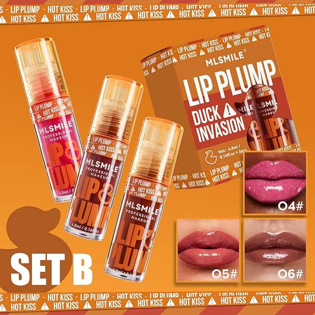 3 Colors Duck Lip Plumper Gloss, Glitter Shine Primer Lip Tint Korean Clear Plumping Lip Gloss, High Pigment No Sticky Lip...