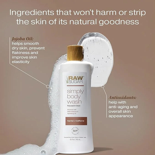 RAW SUGAR Simply Body Wash - Santal + Caffeine (25 Fl Oz, Pack of 1) Moisturizing & Soothing Bath & Shower Gel, Formulated...