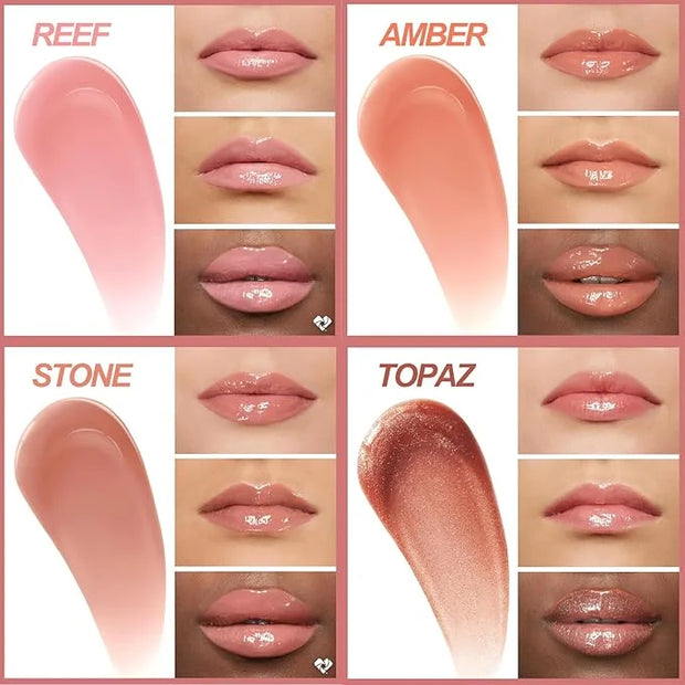 4 Pcs Hydrating Lip Gloss, REEF/AMBER/STONE/TOPAZ High Moisturizing Oil Tint with Hyaluronic Acid, High Shine for Plumper ...