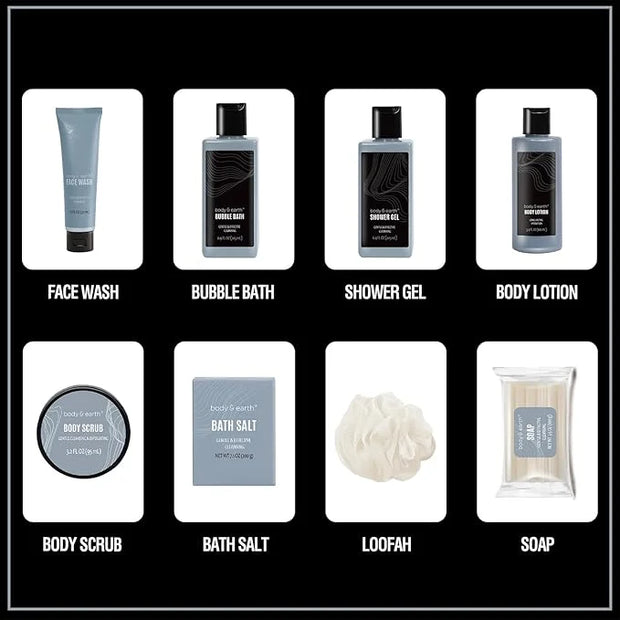 Gift Baskets for Men Body Wash Set Body & Earth Leathers Mens Bath Set with Body Lotion, Face Wash, Shower Gel, Bubble Bat...