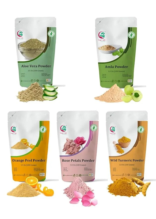 Herbal Skin Care Set | 5 powders in One Pack | Aloe vera, Amla, Orange Peel, Rose & Wild Turmeric powders | 100g Each | DI...