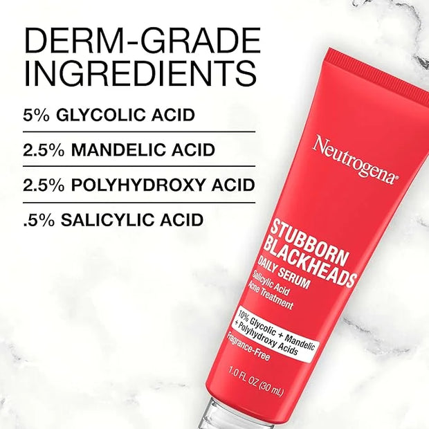 Neutrogena Stubborn Blackheads Daily Acne Facial Serum with Salicylic, Glycolic, Polyhydroxy & Mandelic Acids, Oil-Free Fa...