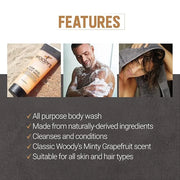 Woody's Hair and Body Wash for Men – 2-in-1 Cleanser & Body Wash, Deep Cleansing, Hydrating, Refreshing Scent, Sulfate-Fre...