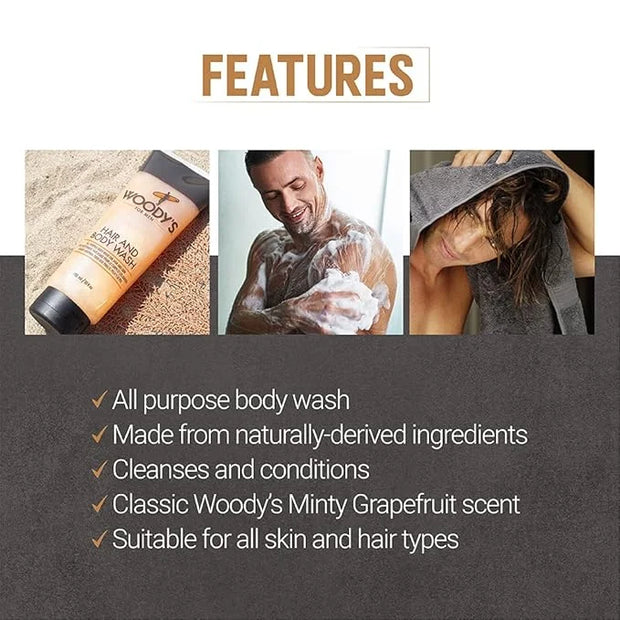 Woody's Hair and Body Wash for Men – 2-in-1 Cleanser & Body Wash, Deep Cleansing, Hydrating, Refreshing Scent, Sulfate-Fre...