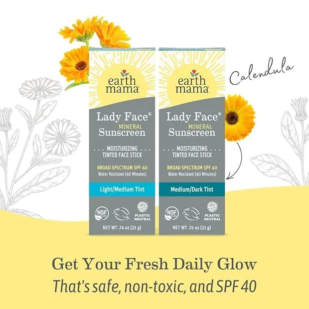 Earth Mama Lady Face® Tinted Mineral Sunscreen Stick, SPF 40 Medium/Dark Tint | Contains Organic Shea & Cocoa Butter | Fou...