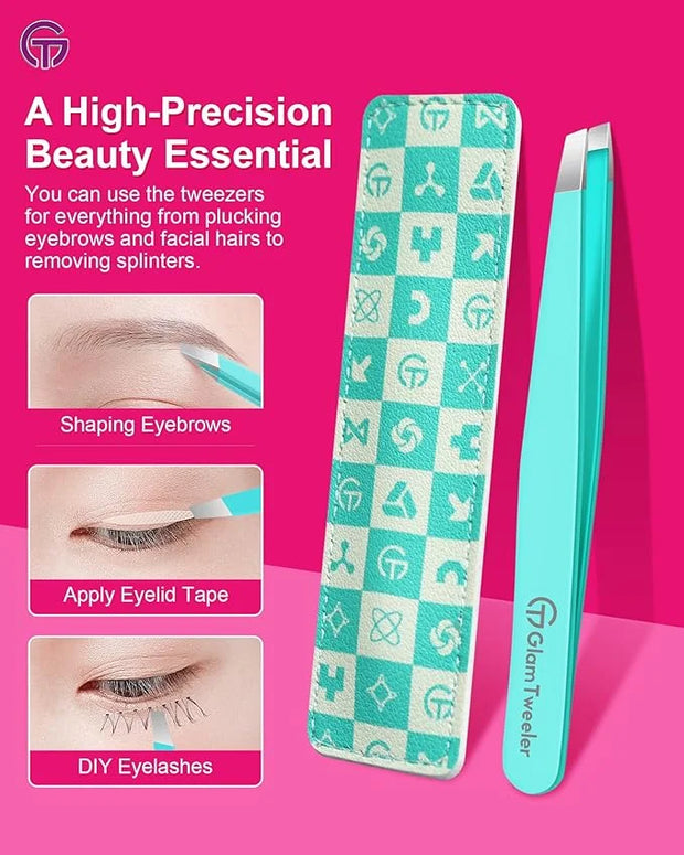 Expert Eyebrow Hair Removal Tweezer with Leather Case, GlamTweeler High Precision Slant Tip Stainless Steel Tweezers for M...