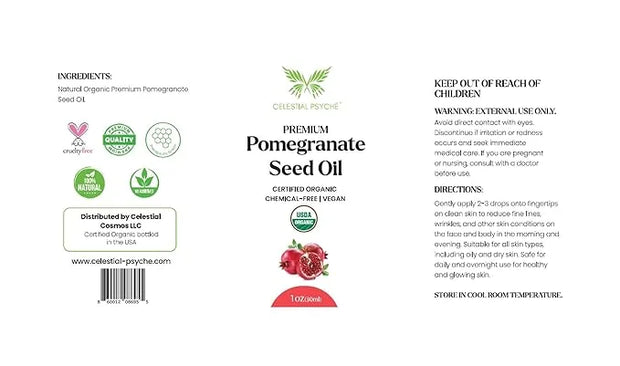 USDA Certified Organic Pomegranate Seed Oil (1 Oz) 100% Pure Natural, Hexane-Free, Face Moisturizer, Skin Hydration, Nails...