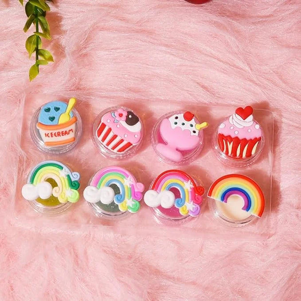 8PCS Cute Lip Gloss for Girls, Party Favors Lip Balm Set for Kids, Assorted Fruity Flavors Cute Cupcake of Rainbow Designs...