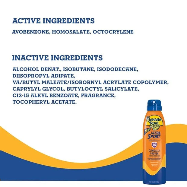 Banana Boat Sport Ultra SPF 15 Sunscreen Spray, 6oz | Banana Boat Sunscreen Spray SPF 15, Oxybenzone Free Sunscreen, Clear...