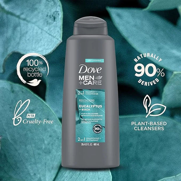 DOVE MEN + CARE 2 in 1 Shampoo Conditioner Eucalyptus + Birch 3 Count For Healthy-Looking Hair Naturally Derived Plant Bas...