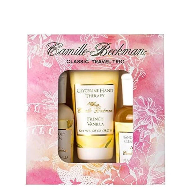 Camille Beckman Classic Collection Travel Trios, French Vanilla, Glycerine Hand Therapy 1.35 oz, Silky Body Cream 2 oz, Ha...