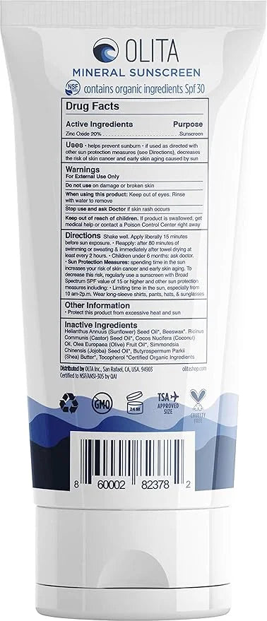Olita Mineral Sunscreen SPF 30 Lotion - Fragrance Free - 3 oz - Broad Spectrum, Chemical Free, All-Natural, Reef Safe, Org...