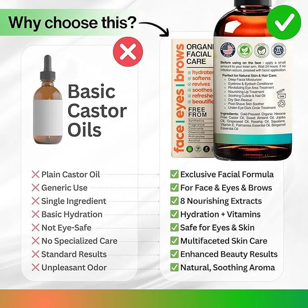 Organic Castor Oil For Face Moisturizer, Eyes, Eyelashes, Eyebrows, Wrinkles with Jojoba, Rosehip, Grapeseed, Squalane, Pa...