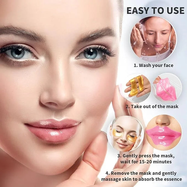 30 PCS Lip Mask Eye Mask Set Moisturizing Lip Mask for Dry Lips, 24K Gold Eye Patches for Puffy Eyes and Dark Circles - Pr...