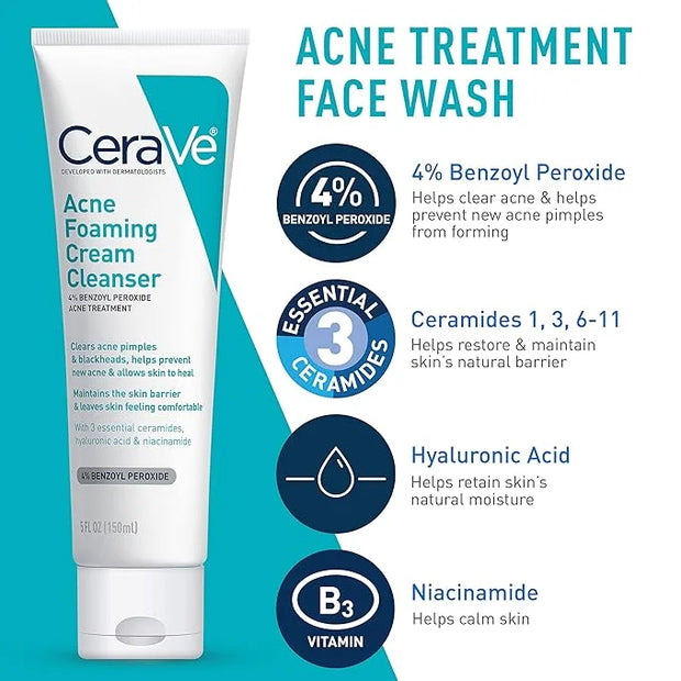 CeraVe Acne Skin Care Set, 5oz Acne Foaming Cream Cleanser + 1oz Resurfacing Retinol Serum + 2oz AM Facial Moisturizing Lo...