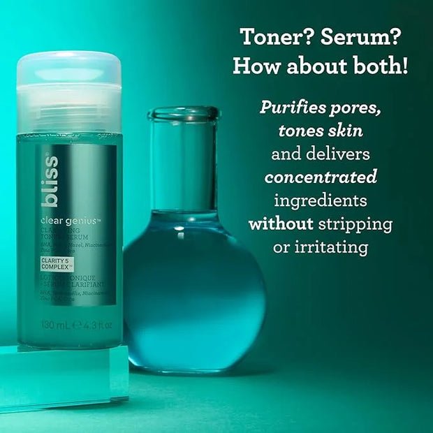 Bliss Clear Genius Clarifying Toner + Serum - 4.3 Fl Oz - Purifies Pores, Tones, Calms & Clears Skin - Salicylic Acid, Nia...