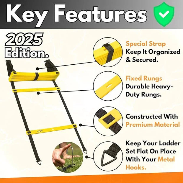 Invincible Fitness Agility Ladder Set - Enhance Speed 10 Cones, 4 Hooks, 3 Resistance (15ft) - Product Image