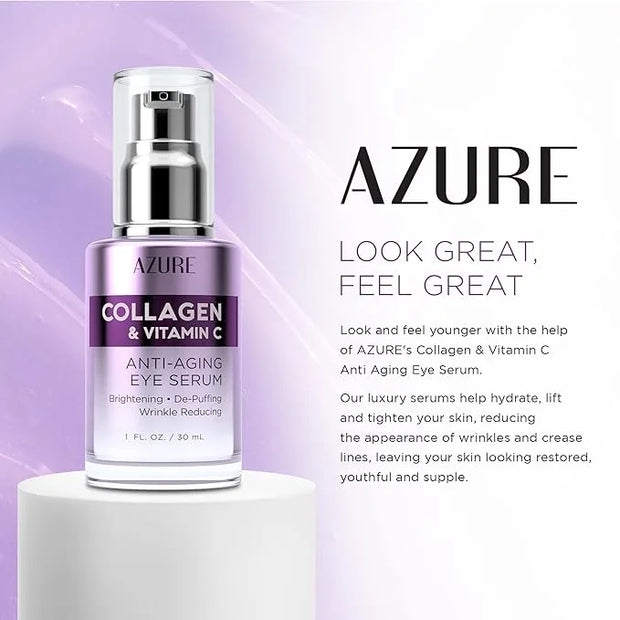 Azure Cosmetics Collagen & Vitamin C Anti Aging Eye Serum - Toning, De-Puffing Serum - Reduces Wrinkles, Fine Lines & Dark...