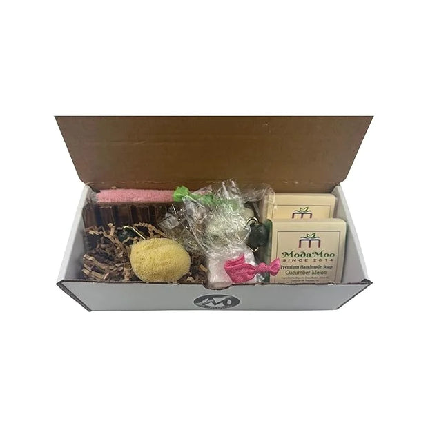 ModaMoo's Day Spa Gift Box Set. Cucumber Melon and Asian Tea Blossom Soaps, Jade Roller, Sea Sponge, and More - Product Image