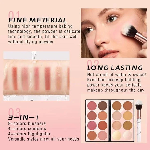 16 Colors Blush Contour Highlighter Makeup Palette with Brush, Matte Mineral Face Blush Powder for Cheek, Bright Shimmer I...