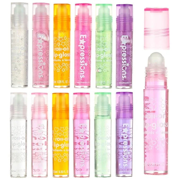 Expressions 12pc Roll On Lip Gloss Set with Carrying Case, 12-Piece Glossy Lip Makeup - Assorted Fruity Flavors, Non Toxic...