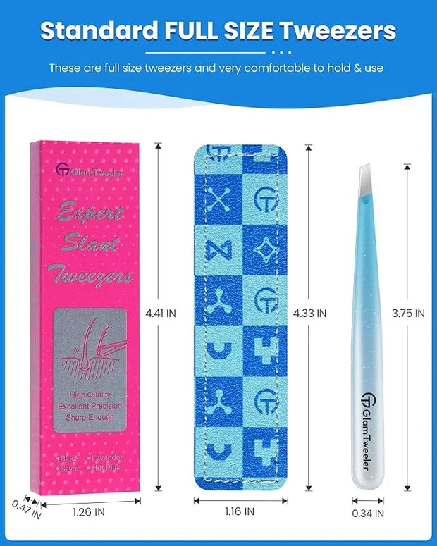 Expert Slant Tip Tweezers with Leather Case, GlamTweeler Sharp & Precision Stainless Steel Tweezer for Eyebrows, Facial Ha...