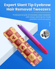 Expert Slant Tip Tweezers with Leather Travel Case, GlamTweeler Sharp & Precision Stainless Steel Tweezer for Eyebrows, Fa...