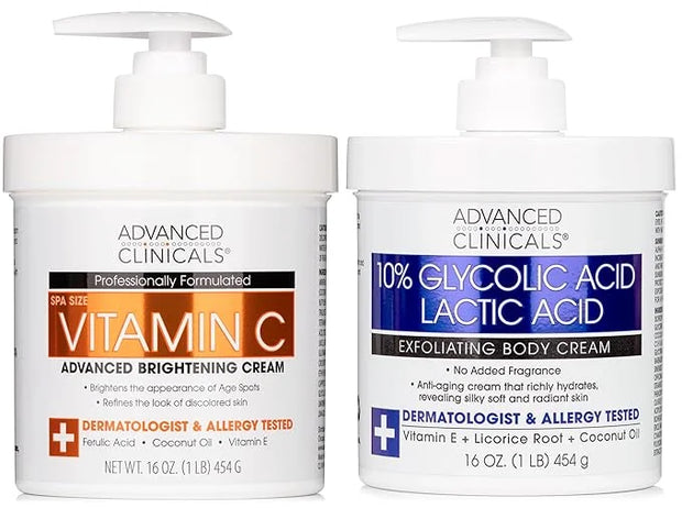 Advanced Clinicals Brightening Vitamin C Body Cream + AHA Exfoliating 10% Glycolic Acid & Lactic Acid Lotion 2PC Skincare ...