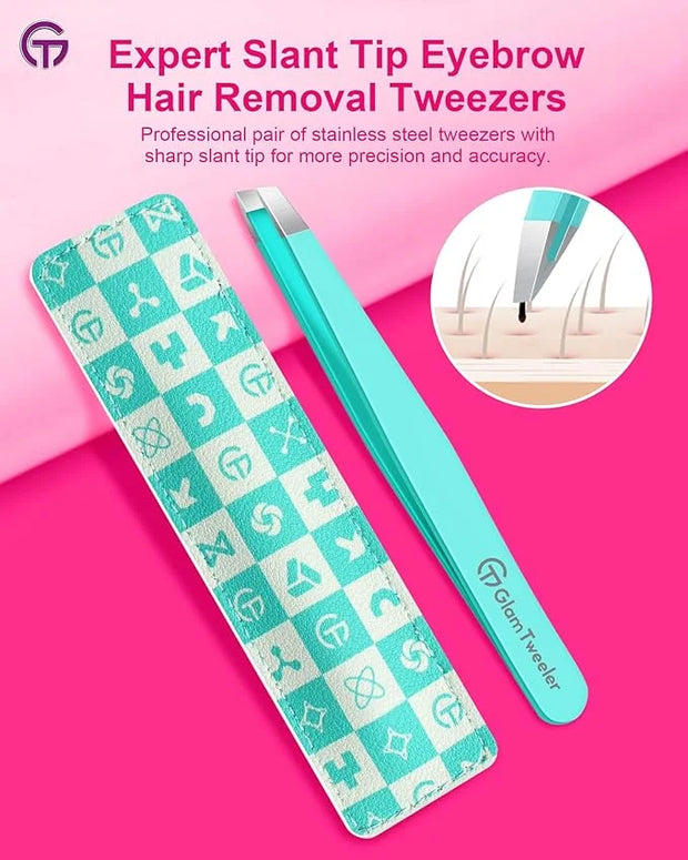 Expert Eyebrow Hair Removal Tweezer with Leather Case, GlamTweeler High Precision Slant Tip Stainless Steel Tweezers for M...