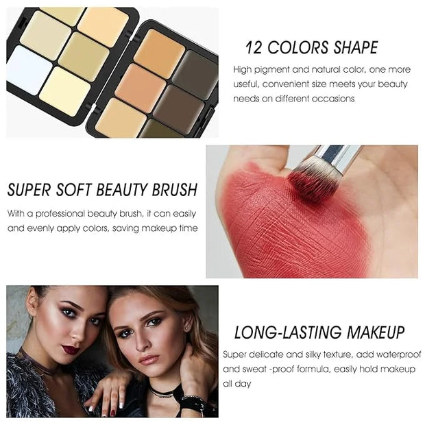 12 Colors Cream [Contour Concealer Foundation] Makeup Palette for Cheeks - All in One Makeup Palette Kit with Brush, Natur...