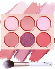 Matte Face Blush Palette with Brush-6 Colors Pink Purple Silky Mineral Blendable Blusher Contour Powder for Cheeks,Longlas...