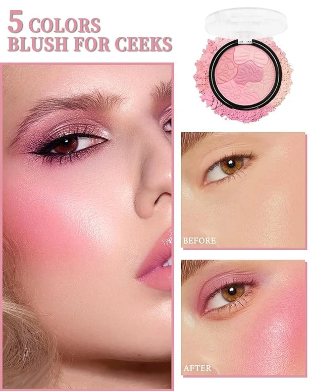 Flower Blush for Cheeks, Matte Shimmer Face Blush Powder,Contour Multiuse Facial Make up Palette,Long Lasting Waterproof E...