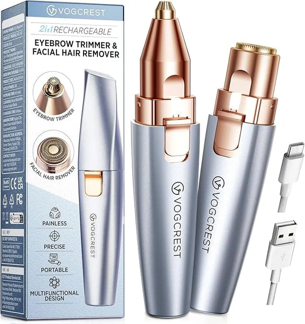 Eyebrow & Facial Trimmer: 2 in1 Rechargeable Facial Hair & Eyebrow Shaver - Painless LED Light (Sky Blue) - Product Image