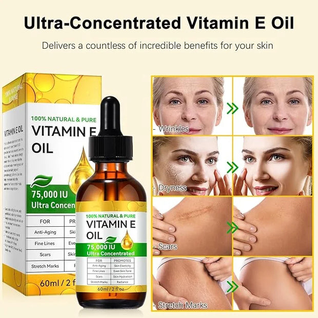 2PCS Natural Vitamin E Oil for Skin, 75,000 IU Ultra Concentrated Vitamin E Oil for Face, Hair and Scars, Moisturizing Dry...