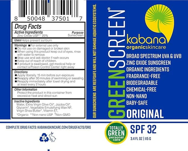 Green Screen Organic Zinc Oxide Sunscreen SPF 32 - Original - Vegan - Soy Free - Gluten Free - 6.8 fluid ounces/230g - TSA...