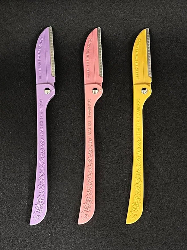 Feather Flamingo Facial Touch Up Stainless Steel Razor for Eyebrow and Face Hair Removal - 3 Pack | Foldable and Long-Last...