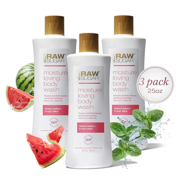 RAW SUGAR Moisture Loving Body Wash - Watermelon + Fresh Mint, Moisturizing & Refreshing Bath & Shower Gel, Sulfate-Free, ...