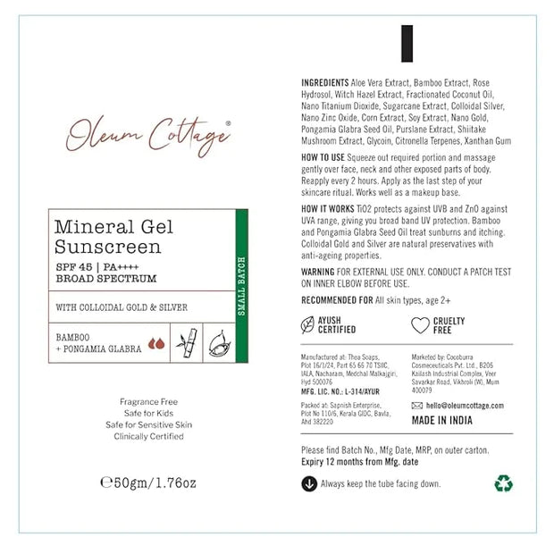 Oleum Cottage, Mineral Gel Sunscreen|SPF