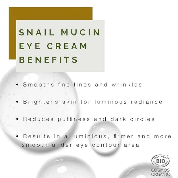 100% Pure Snail Mucin Eye Cream, Certified Organic & Cruelty Free, Made In France. Natural Luxury Eye Cream, .50 oz. - Pro...